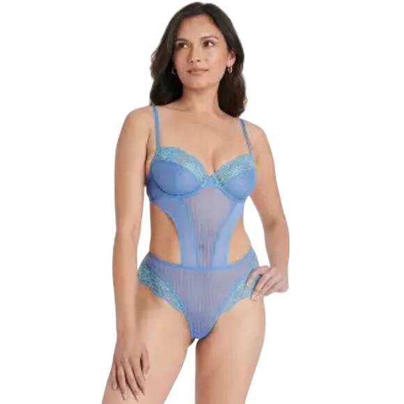 NWT Auden Mesh Lace Lingerie Bodysuit Bra Blue Thong Women's Size Small - Picture 1 of 9